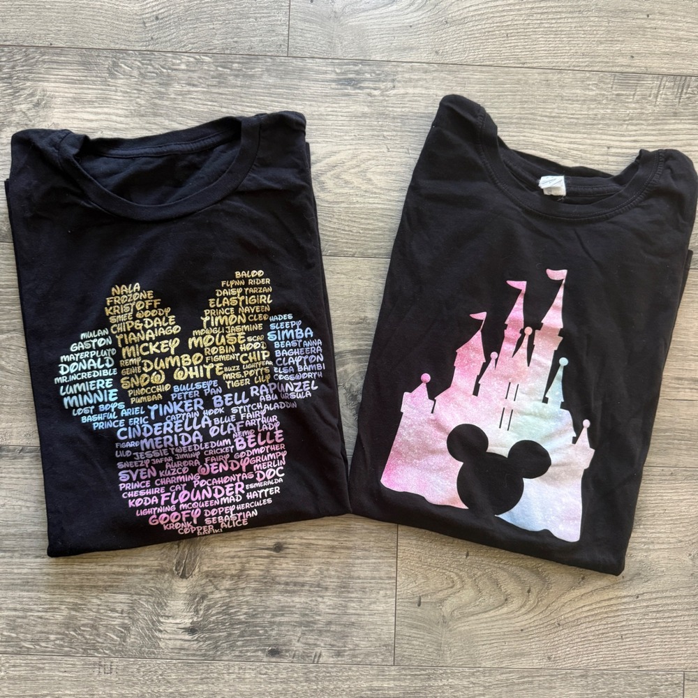 Disney Graphic T-Shirt Lot 2XL Mickey Character Word Cloud Castle Black Cotton